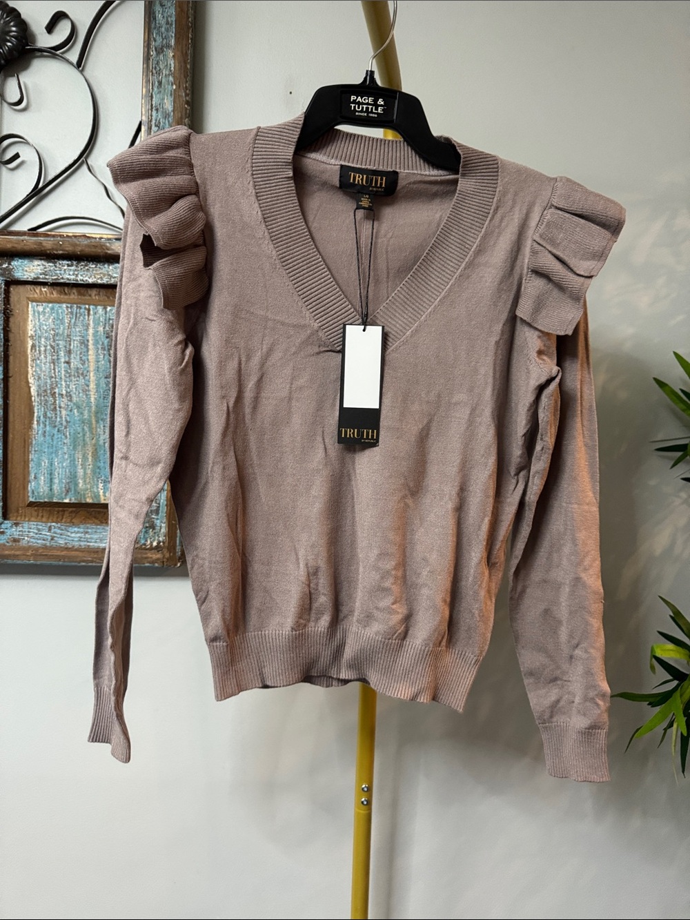 Truth Ruffle Shoulder V-Neck Sweater - Dusty Mauve taupe NWT M/L